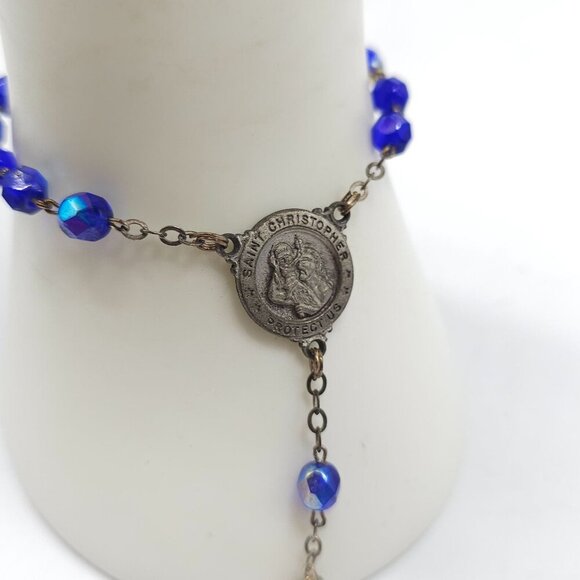 Vintage Rosary Automobile Saint Christopher Medal Crucifix Blue Crystal Beads - Picture 2 of 6